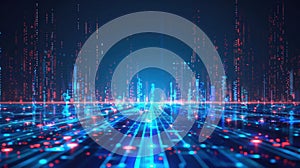 Abstract Data Stream Visualization with Cyberpunk Aesthetics in Futuristic Cityscape