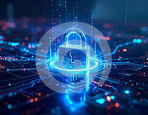 Futuristic Digital Lock Cybersecurity Concept with AI Data Protection and Secure Network Technology Interface