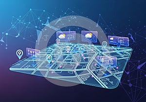 Futuristic digital map interface featuring a blue glowing grid with