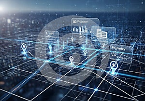 Futuristic digital map interface, featuring a 3D grid with data