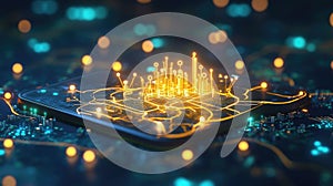 Futuristic digital map interface with glowing neon elements on smart device