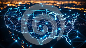 A futuristic US digital map with glowing connections and data points, symbolizing tech, connectivity, and innovation. AI-generated