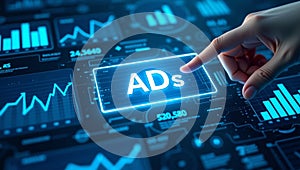 Futuristic digital marketing interface with interactive ad button