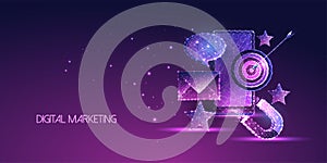 Futuristic digital marketing, mobile advertising concept banner on purple background