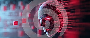 Futuristic digital mask with glowing eyes and binary code background