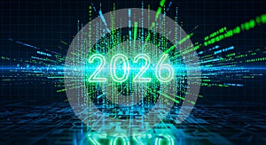 2026 Futuristic Digital Matrix Design with Glowing Neon Green Code