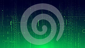 Futuristic Digital Matrix with Green Binary Code and Geometric Network Lines on Dark Blue Gradient