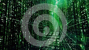 Futuristic digital matrix tunnel with green binary code stream