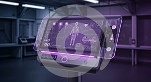 Futuristic digital medical interface featuring a high-tech screen displaying human