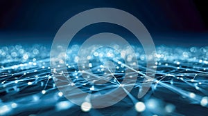 A futuristic digital mesh of interconnected glowing blue lights representing advanced technology, data networks, and modern