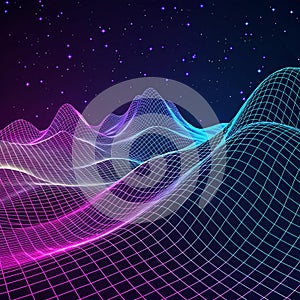Futuristic digital mountain landscape wireframe background for data visualization and design.