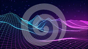 Futuristic digital mountain landscape wireframe background for data visualization and design.