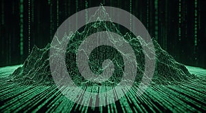 Digital Mountain Landscape with Falling Binary Code, Data Flow Concept