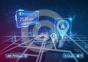 Futuristic digital navigation interface displaying a 3D map grid