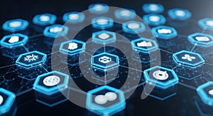 Futuristic digital network abstract blockchain technology connection icons data flow
