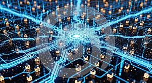 Futuristic digital network abstract represents decentralized blockchain technology data flow