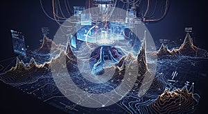 Futuristic digital network analysis with glowing data streams and complex connections