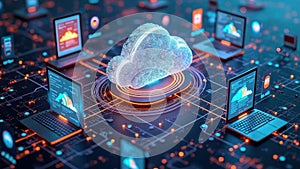 Futuristic digital network with cloud computing and connected laptops