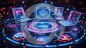 Futuristic digital network with computers and holographic interfaces