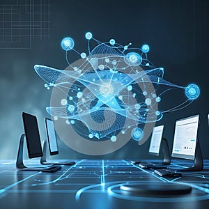 Futuristic Digital Network Connecting Computers and Abstract Data Visualization technology