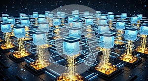 Futuristic Digital Network Data Flow Between Servers and Processors