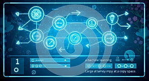 Futuristic digital network diagram displaying interconnected nodes and data flow on a glowing blue interface