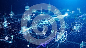 Futuristic digital network with glowing blue data streams flowing between abstract geometric structures and cubes