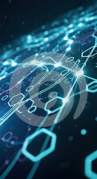 Futuristic digital network with glowing blue hexagonal data nodes and binary code streams