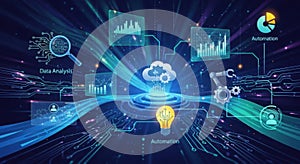 Futuristic digital network with glowing data streams and a central processing core