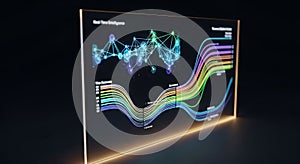 Futuristic digital network graph and colorful data flow chart on screen