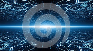 Futuristic digital network grid with glowing blue data streams and central light source