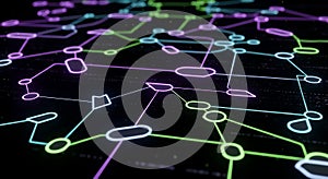 Futuristic digital network with interconnected colored lines and nodes on black background creating depth and technology concept