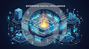 A futuristic digital network with interconnected devices and data analytics visualizations on a dark blue background