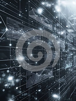 Futuristic digital network interface with abstract data visualizations