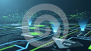 Futuristic digital network interface with binary code and glowing data streams technology