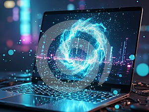 Futuristic digital network on laptop screen