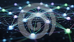 Futuristic digital network nodes glowing with interconnected data streams in global technology infrastructure