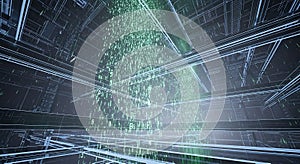 Digital Network Tunnel with Falling Binary Code, Futuristic Data Stream Background