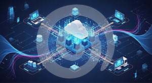 Futuristic digital network visualization with central cloud server