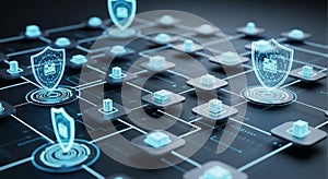 Futuristic digital network with glowing blue shield representing security and interconnected data blocks
