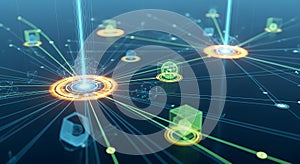 Futuristic digital network visualization featuring interconnected