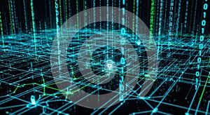 A futuristic digital network visualization with interconnected nodes and glowing pathways