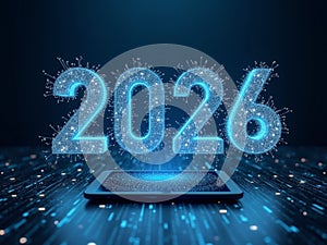 Futuristic 2026 Digital Number Hovering Above Tablet on Glowing Data Surface