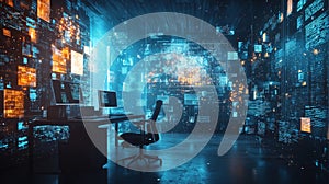 Futuristic Digital Office with Blue and Orange Data Screens