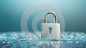 Futuristic digital padlock illustration with binary code, circles on blue white, cybersecurity concept