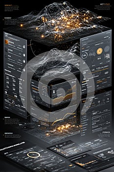 Futuristic digital panel with data visualization and abstract network elements