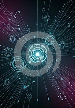 Futuristic digital pattern featuring bright blue concentric circles and lines radiating