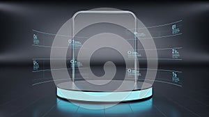 Futuristic digital podium with data visualization elements and glowing neon lighting for display