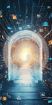 Futuristic Digital Portal to a Luminous Cyber Realm, An Exploration of Technological Horizons photo