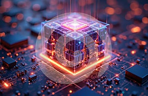 Futuristic digital quantum computer. Quantum computing concept with glowing cube processor on circuit board. Central processing